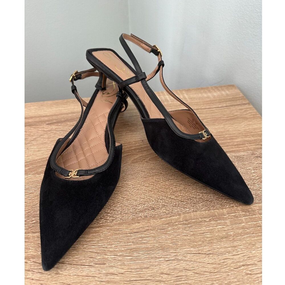 Sam Edelman Toni Slingback Pointed Toe Kitten Heel Pump size 7.5 Black Suede - Picture 2 of 14